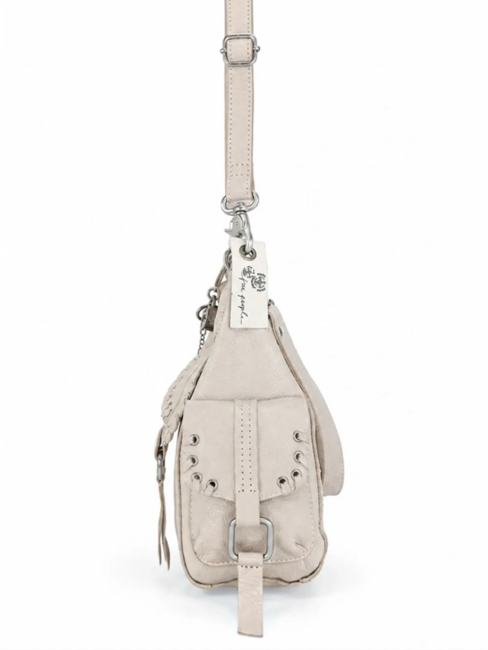 Free People Baby Leigh Pearl Leather Hobo Crossbody Shoulder Bag Lock Key Charm